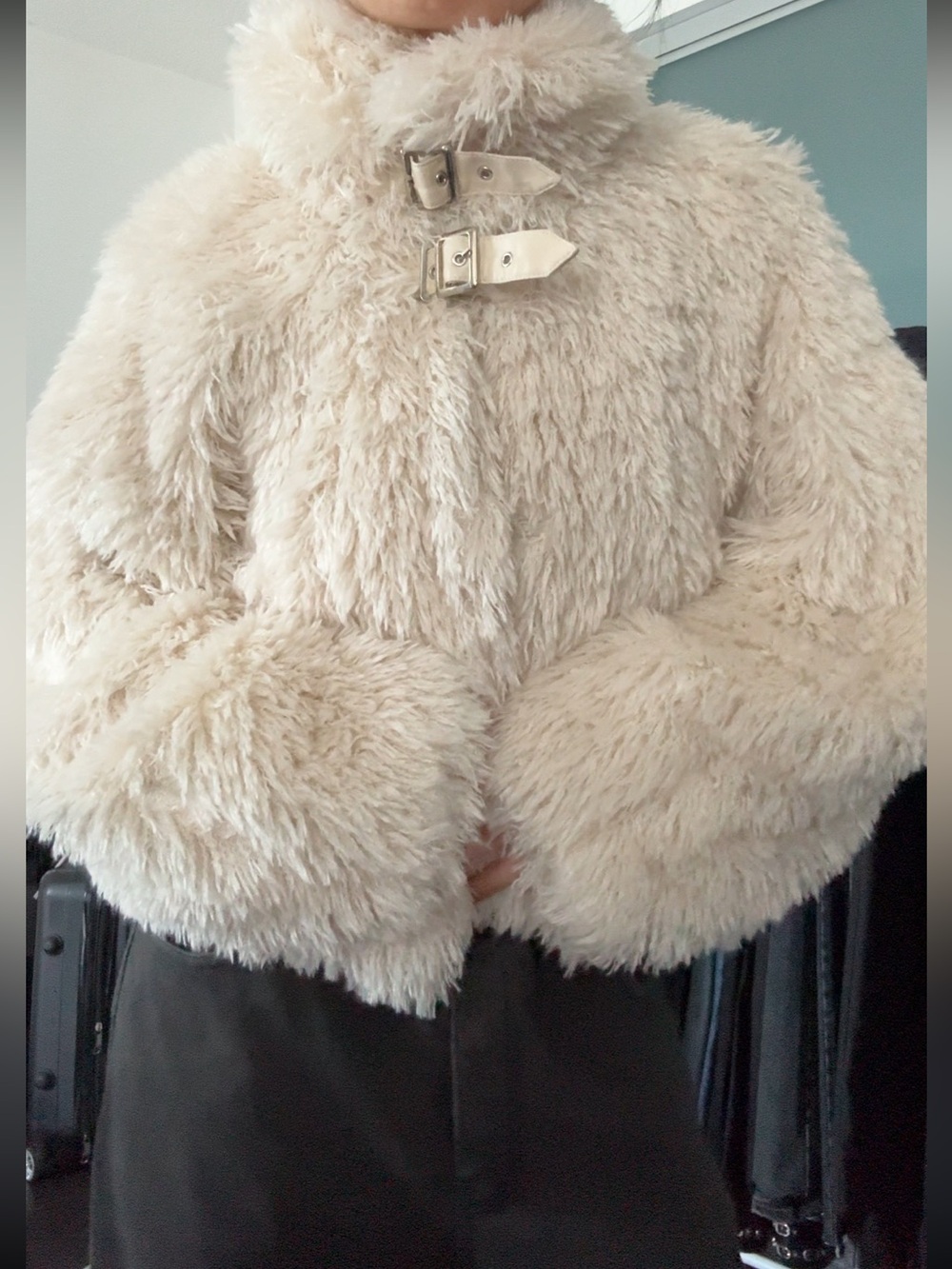 Chico Japan Cream Faux Fur Cropped Jacket - High Neck Buckle Details